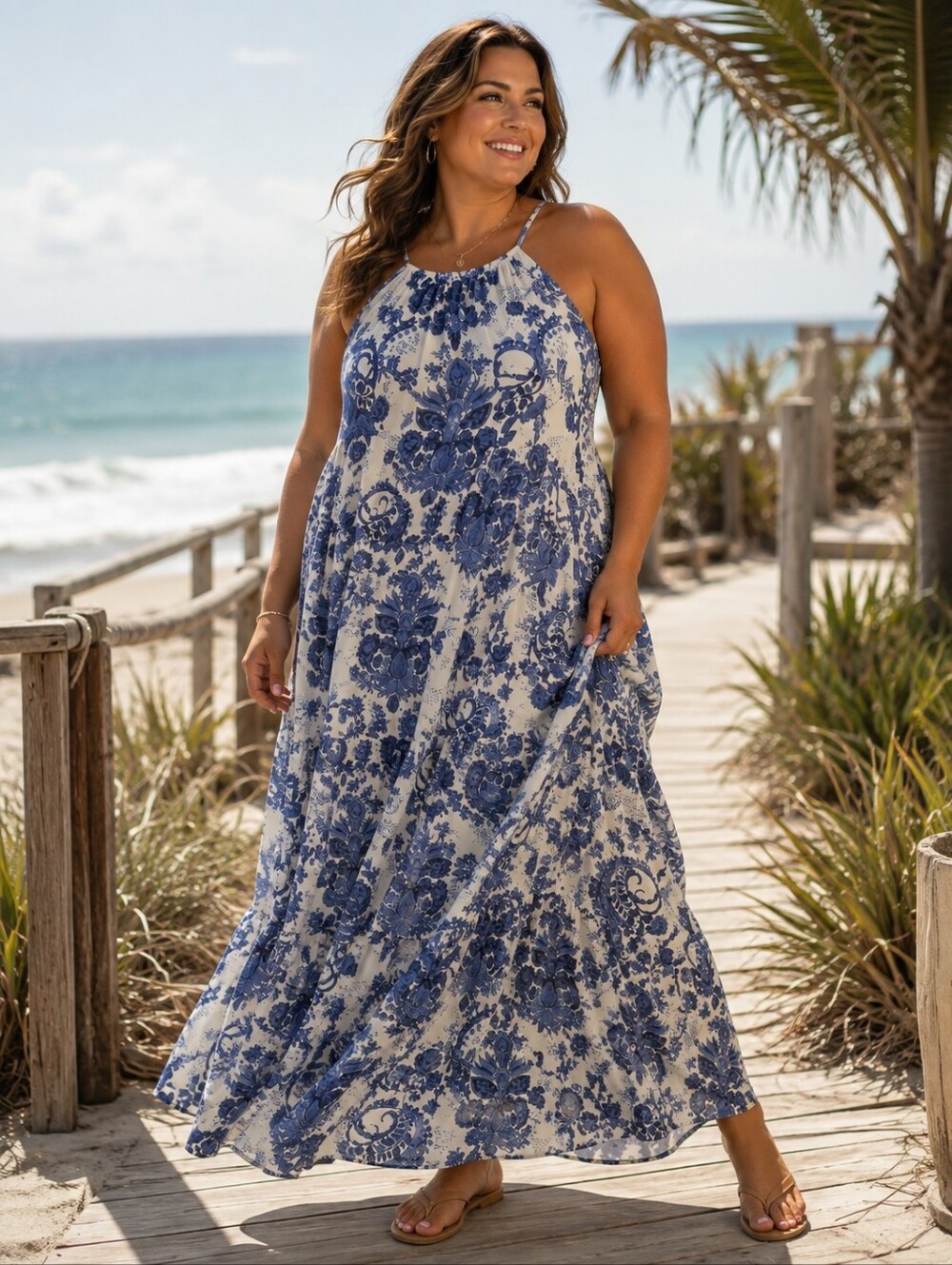 Bisou Bisou Blue and White Floral Halter Maxi Dress